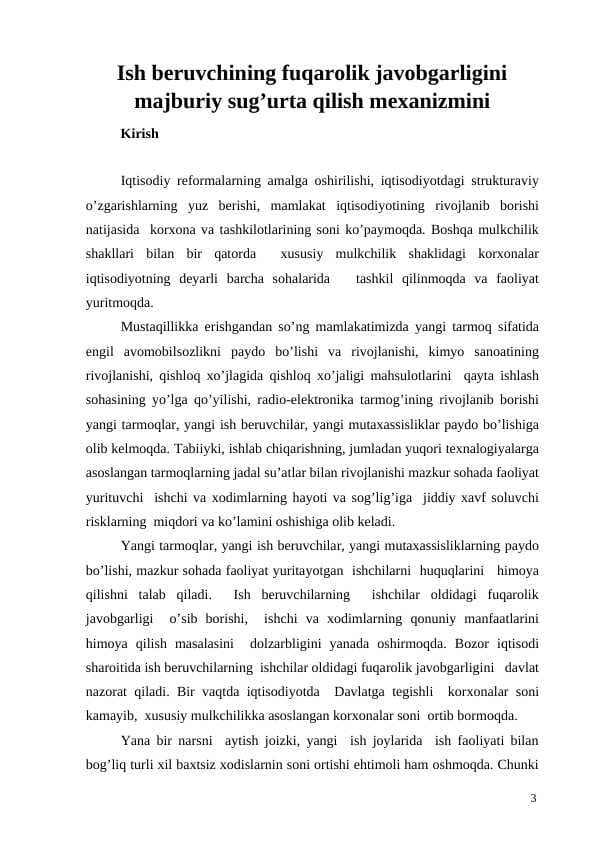 Ish beruvchining fuqarolik javobgarligini majburiy sug’urta qilish mexanizmini