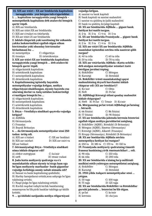 9-sinf Jahon tarixi test (2019-yilgi kitobdan)
