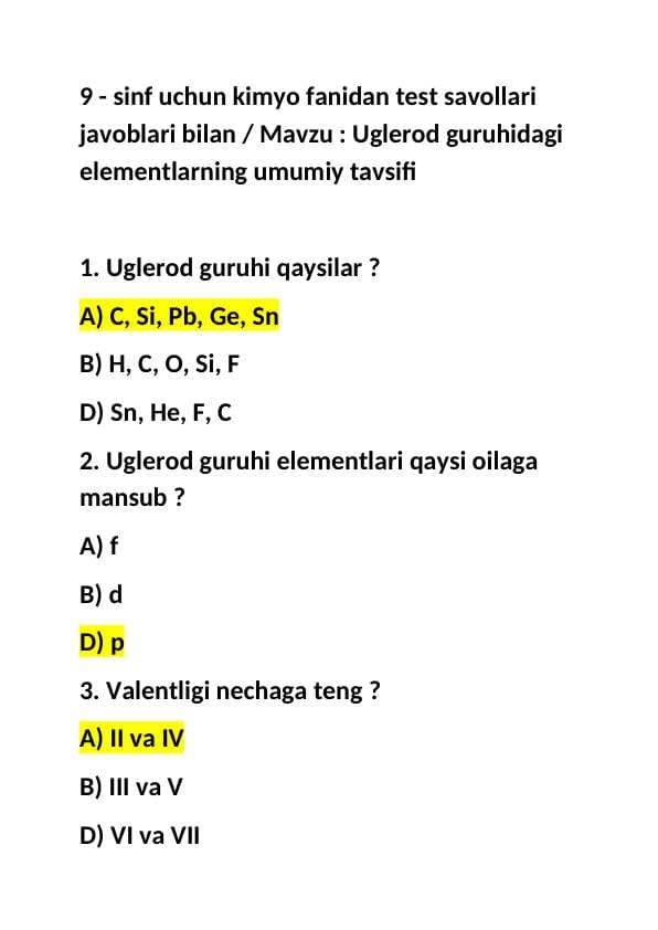 9 - sinf uchun Kimyo fanidan test savollari javoblari bilan / Mavzu : Uglerod guruhidagi elementlarning umumiy tavsifi