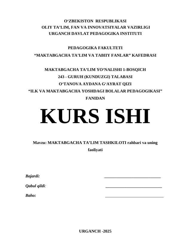 MAKTABGACHA TA’LIM TASHKILOTI rahbari va uning faoliyati