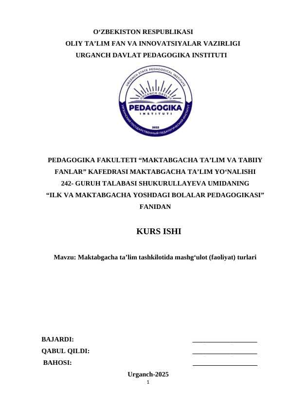 Maktabgacha ta’lim tashkilotida mashg‘ulot (faoliyat) turlari