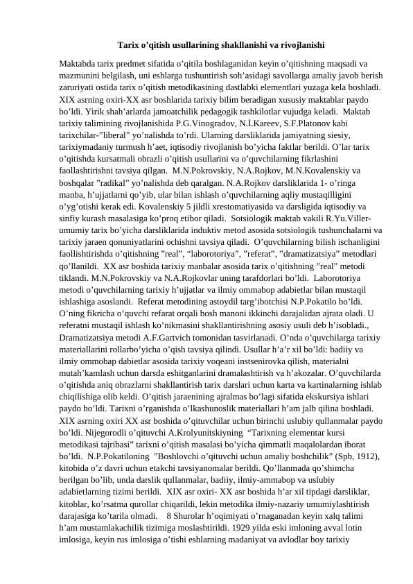 Tarix o’qitish usullarining shakllanishi va rivojlanishi
