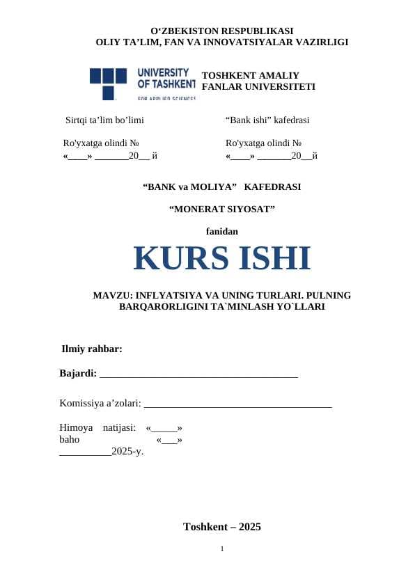 Inflyatsiya va uning turlari. Pulning barqarorligini ta`minlash yo`llari