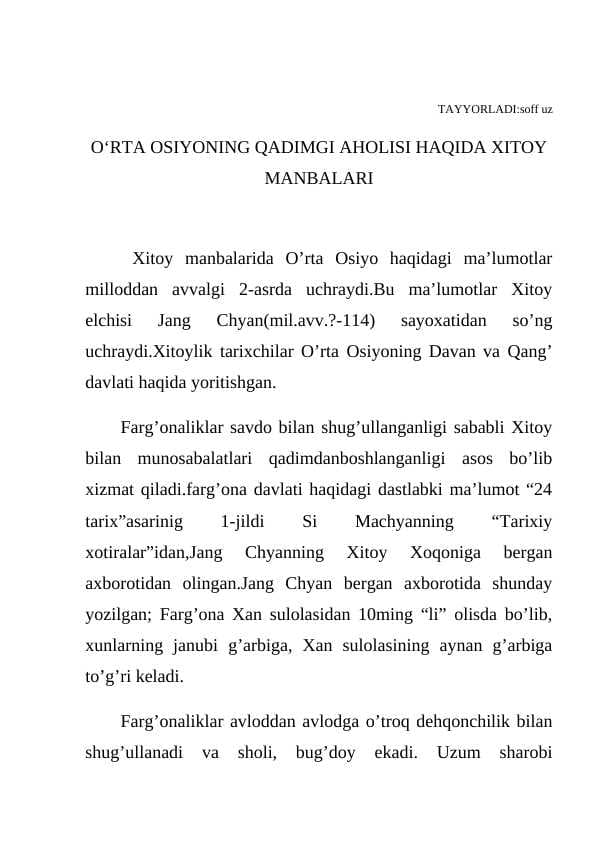 O‘RTA OSIYONING QADIMGI AHOLISI HAQIDA XITOY MANBALARI