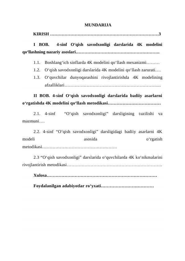 4-sinf O‘qish savodxonligi darslarida badiiy asarlarni o‘rgatishda 4K modelini qo‘llash metodikasi