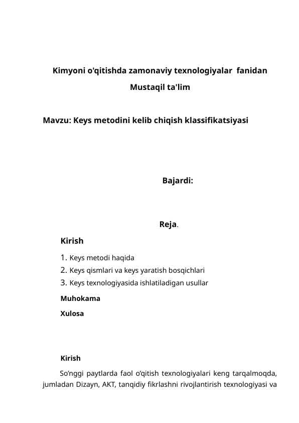 Keys metodini kelib chiqish klassifikatsiyasi
