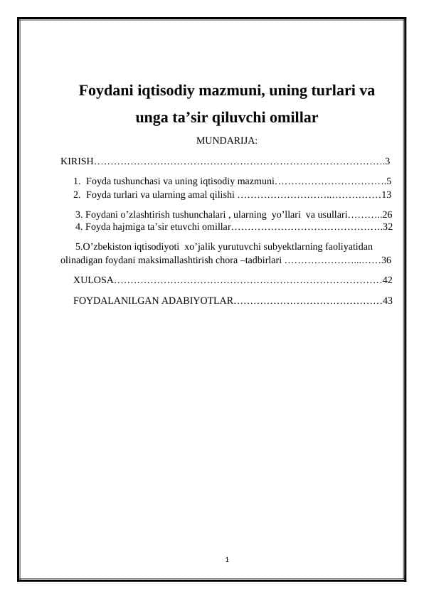 Foydani iqtisodiy mazmuni, uning turlari va unga ta’sir qiluvchi omillar