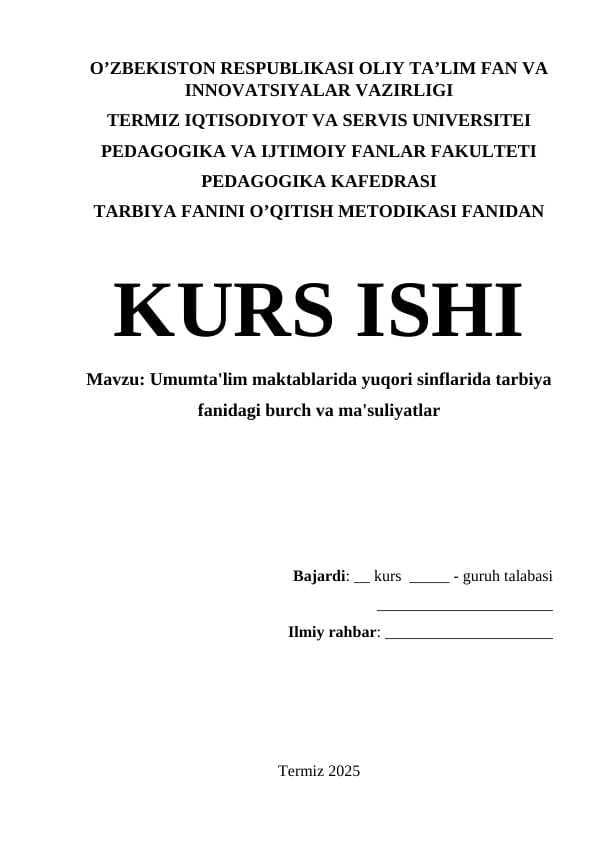 Umumta'lim maktablarida yuqori sinflarida tarbiya fanidagi burch va ma'suliyatlar