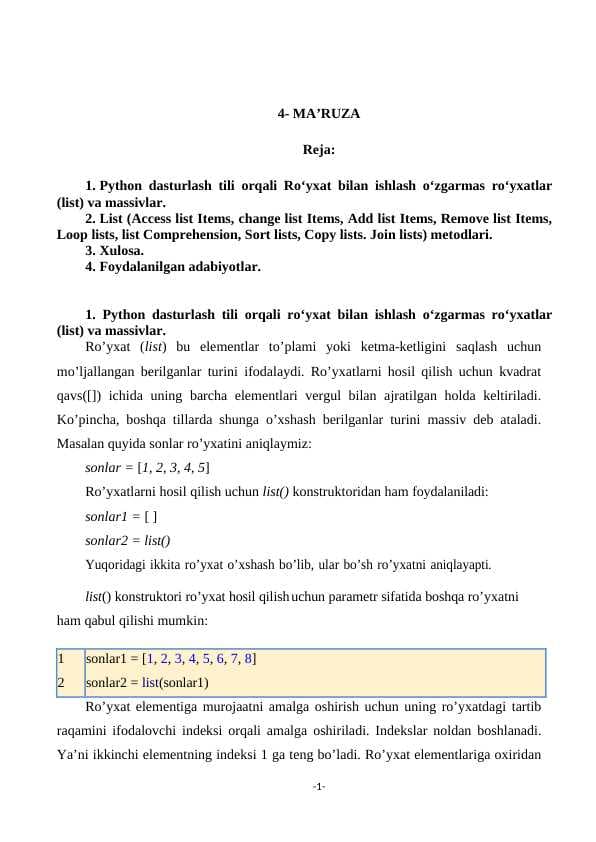 4 Ma'ruza  Python dasturlash tili orqali Ro‘yxat bilan ishlash o‘zgarmas ro‘yxatlar (list) va massivlar