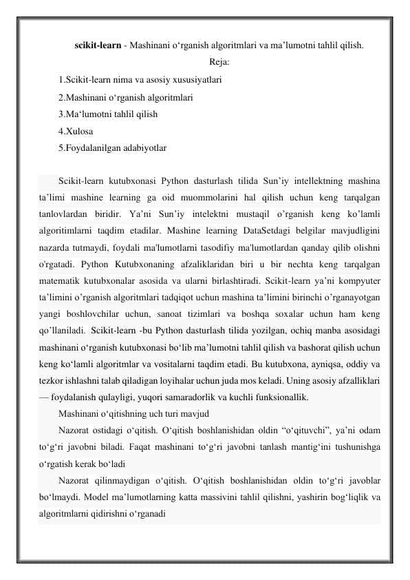 Pythonda scikit learn kutubxonasi