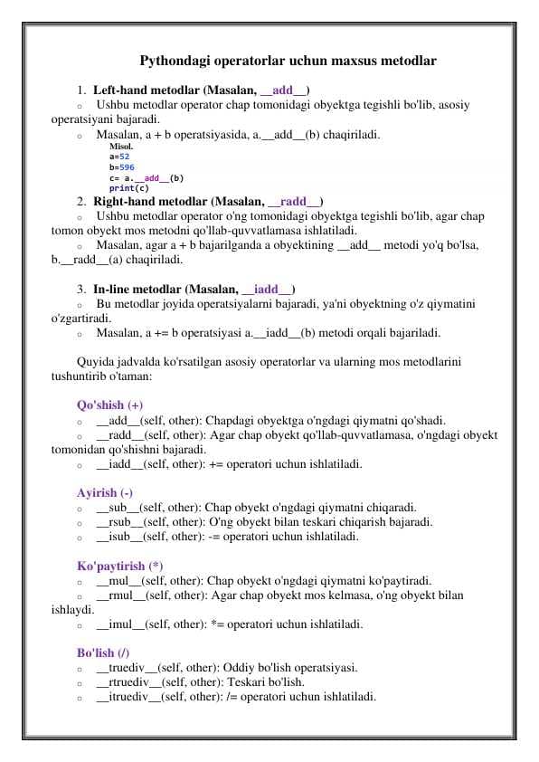 PYTHONDAGI OPERATORLAR UCHUN MAXSUS METODLAR
