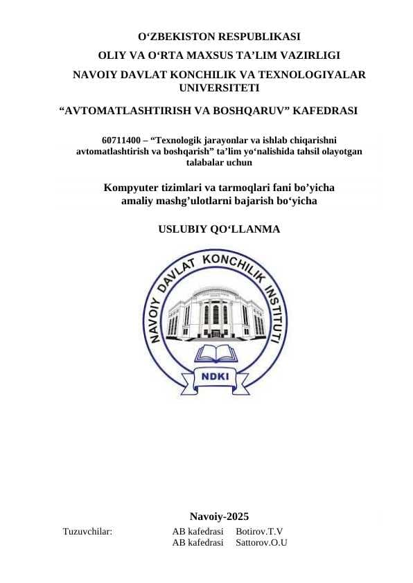 Kompyuter tizimlari va tarmoqlari fanidan amaliy mashg'ulotlar
