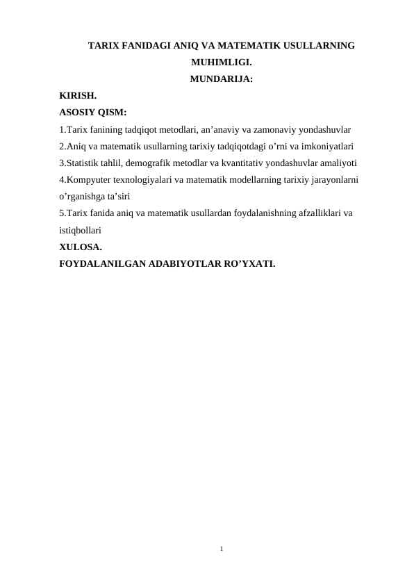 Tarix fanidagi aniq va matematik usullarning muhimligi