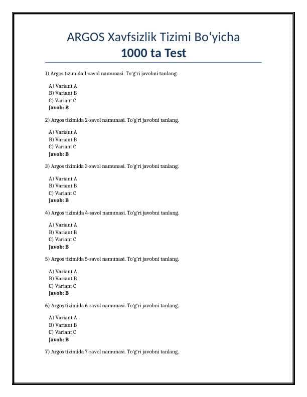 Argos 1000 talik test, javoblari bilan. Davlat xizmatchisi 2025
