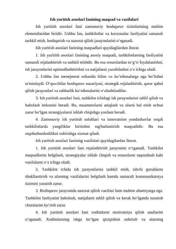Ish yuritish asoslari fanining maqsad va vazifalari