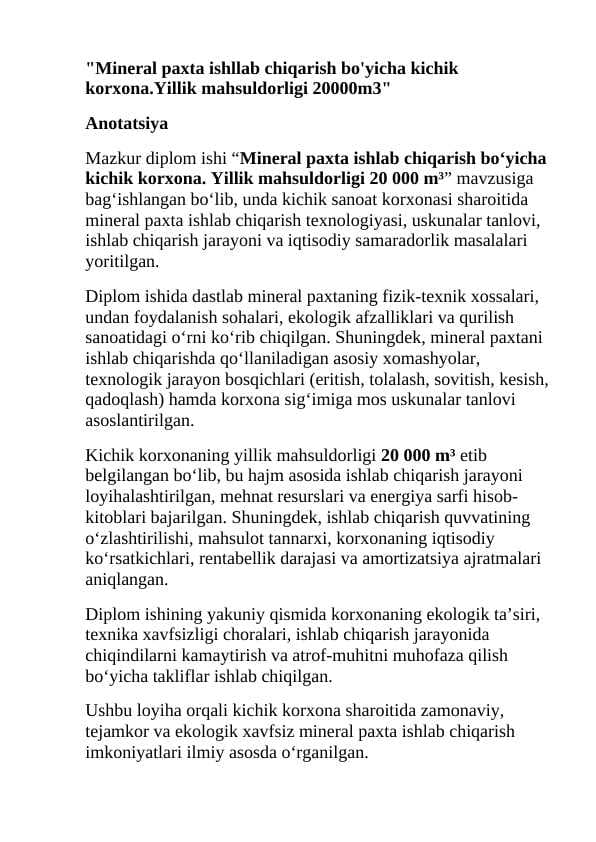 Mineral paxta ishlab chiqarish bo'yicha kichik korxona