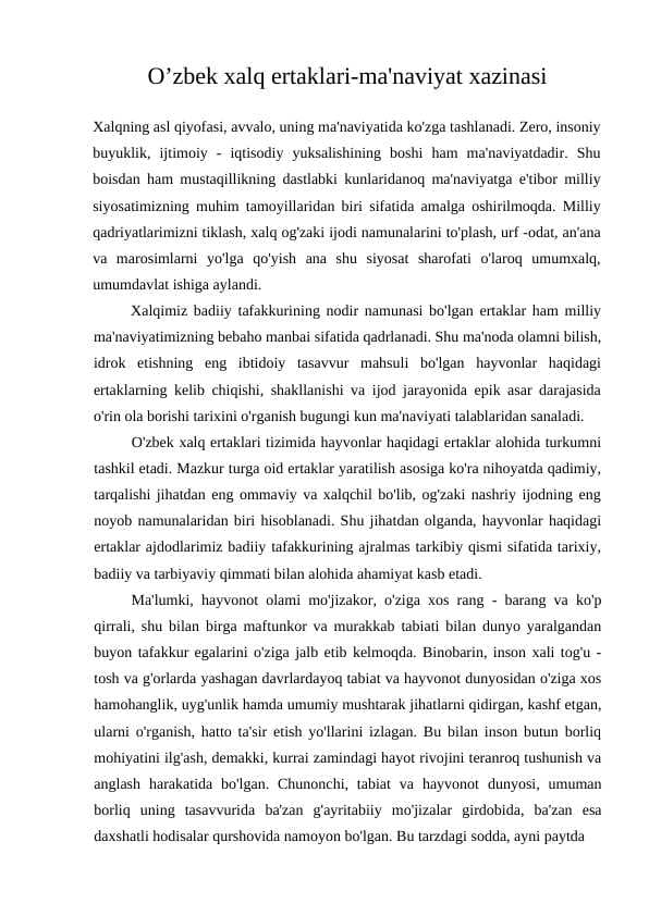 O’zbek xalq ertaklari-ma'naviyat xazinasi