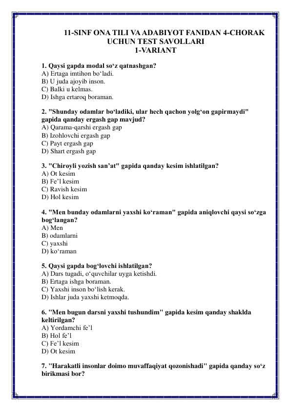 11-sinf ona tili va adabiyot fanidan 4-chorak variantli test savollari