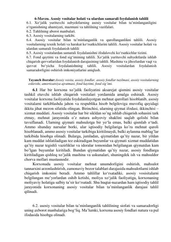 Asosiy vositalar holati va ulardan samarali foydalanish tahlili