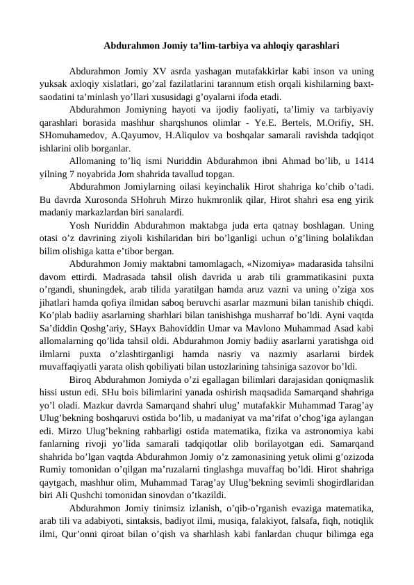 Abdurahmon Jomiy ta’lim-tarbiya va ahloqiy qarashlari