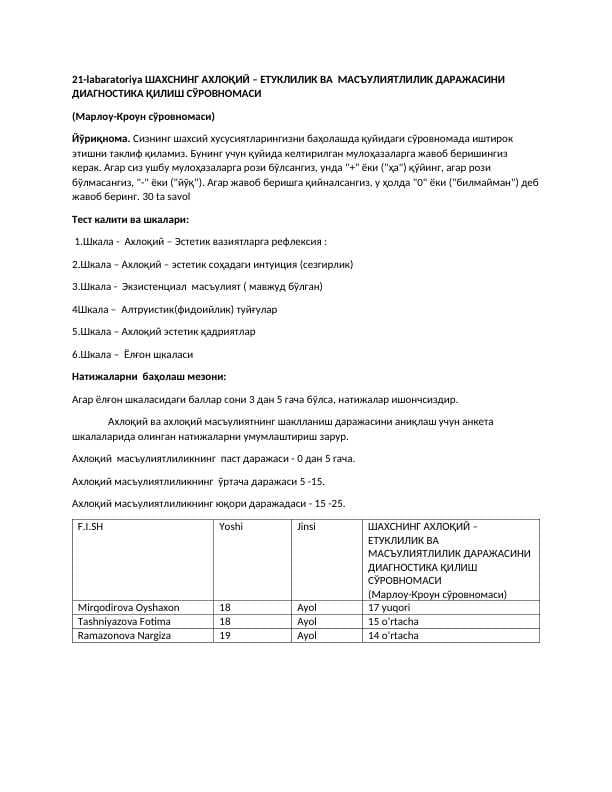 Shaxsning axloqiy yetuklik va mas'uliyatlilik darajasini diagnostika qilish so'rovnomasi