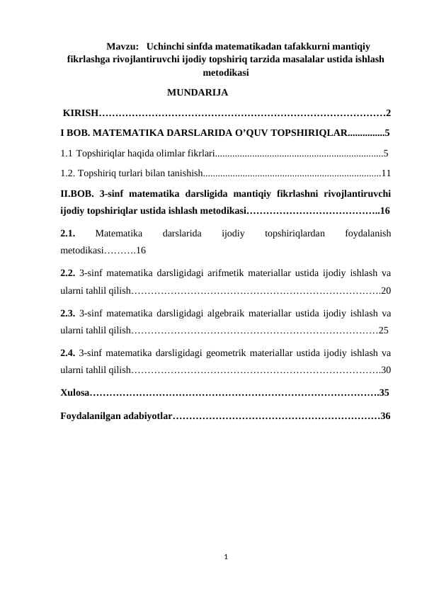 Uchinchi sinfda matematikadan tafakkurni mantiqiy fikrlashga rivojlantiruvchi ijodiy topshiriqlar ustida ishlash metodikasi