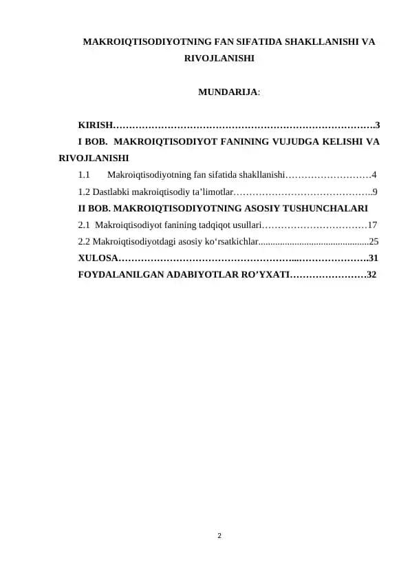 MAKROIQTISODIYOTNING FAN SIFATIDA SHAKLLANISHI VA RIVOJLANISHI