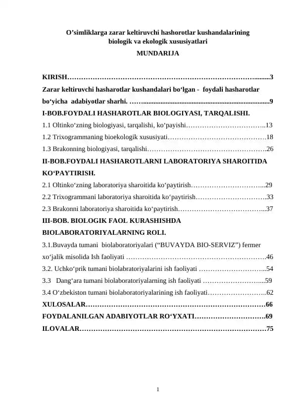 O’simliklarga zarar keltiruvchi hashorotlar kushandalarining  biologik va ekologik xususiyatlari