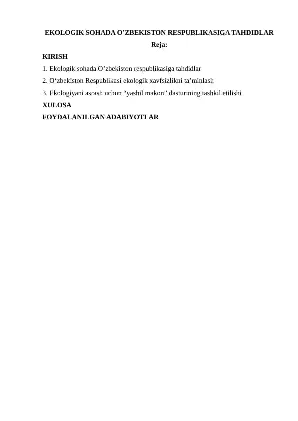 EKOLOGIK SOHADA O’ZBEKISTON RESPUBLIKASIGA TAHDIDLAR