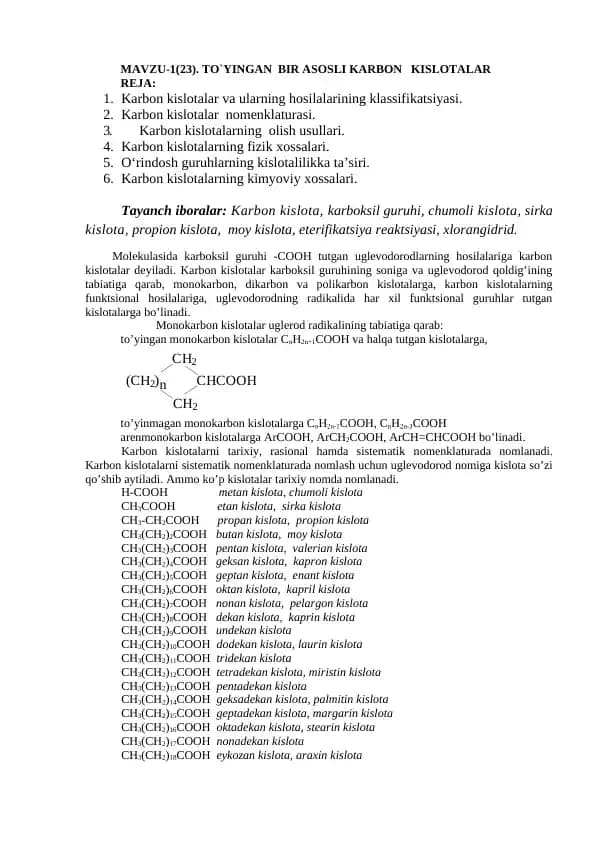 Bir asosli karbon kislotalar