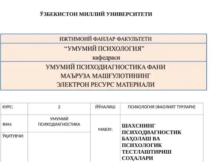 ШАХСНИНГ ПСИХОДИАГНОСТИК БАҲОЛАШ ВА ПСИХОЛОГИК ТЕСТЛАШТИРИШ СОҲАЛАРИ