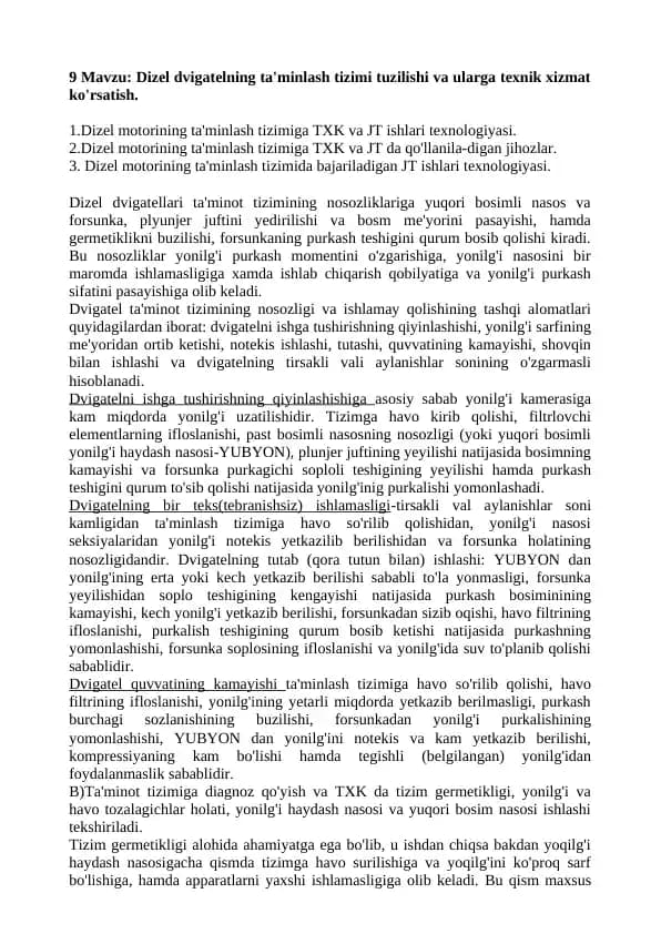 Dizel dvigatelining ta'minlash tizimi