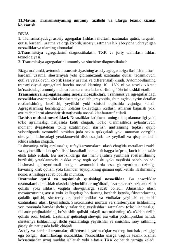 Transmissiya tuzilishi va texnik xizmat