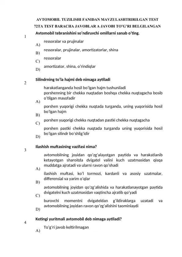 AVTOMOBIL TUZILISHI FANIDAN MAVZULASHTRIRILGAN TEST