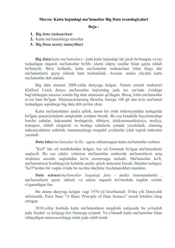 Katta hajmdagi ma’lumotlar Big Data texnologiyalari