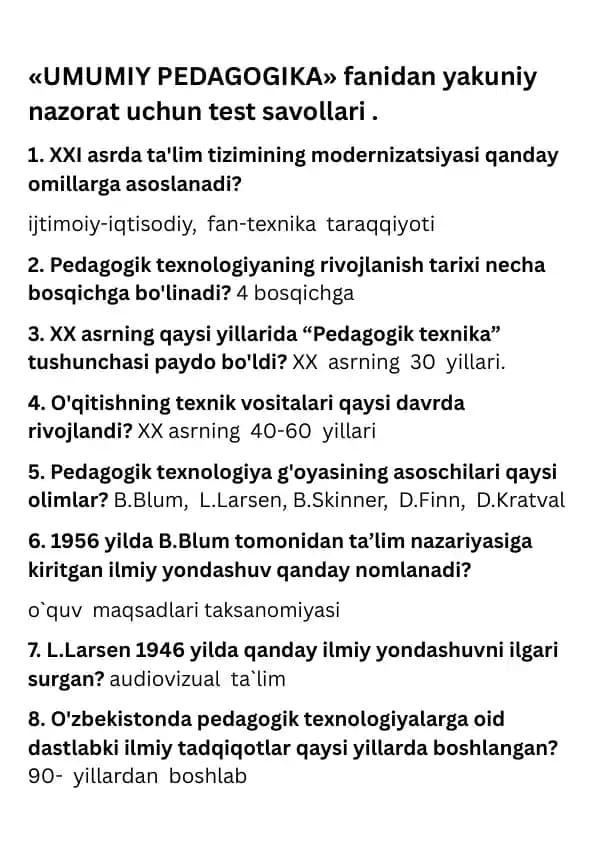 pedagogika savol javob hammasi
