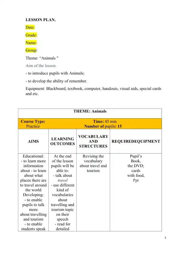 lesson plan animals