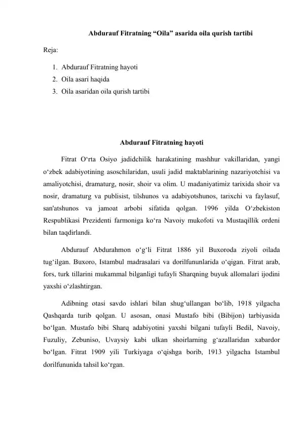 Abdurauf Fitratning “Oila” asarida oila qurish tartibi