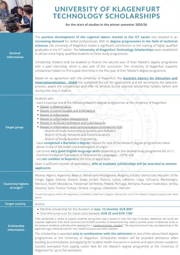 University of Klagenfurt Technology Scholarships