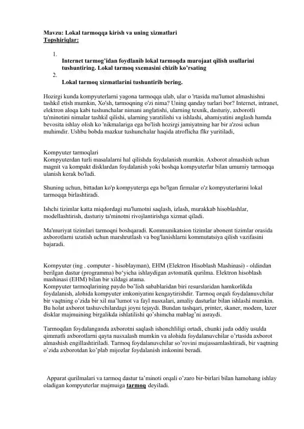 Lokal tarmoqqa kirish va uning xizmatlari