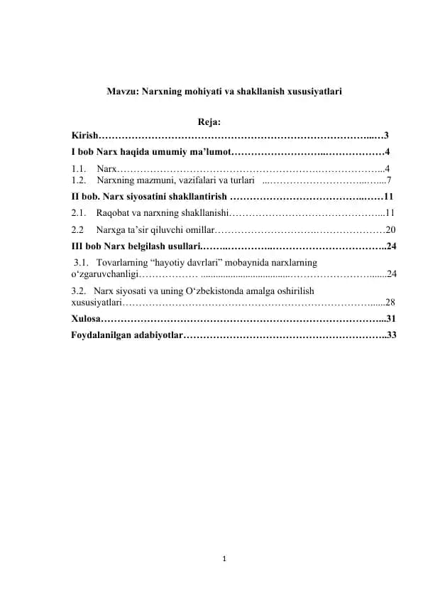 Narxning mohiyati va shakllanish xususiyatlari