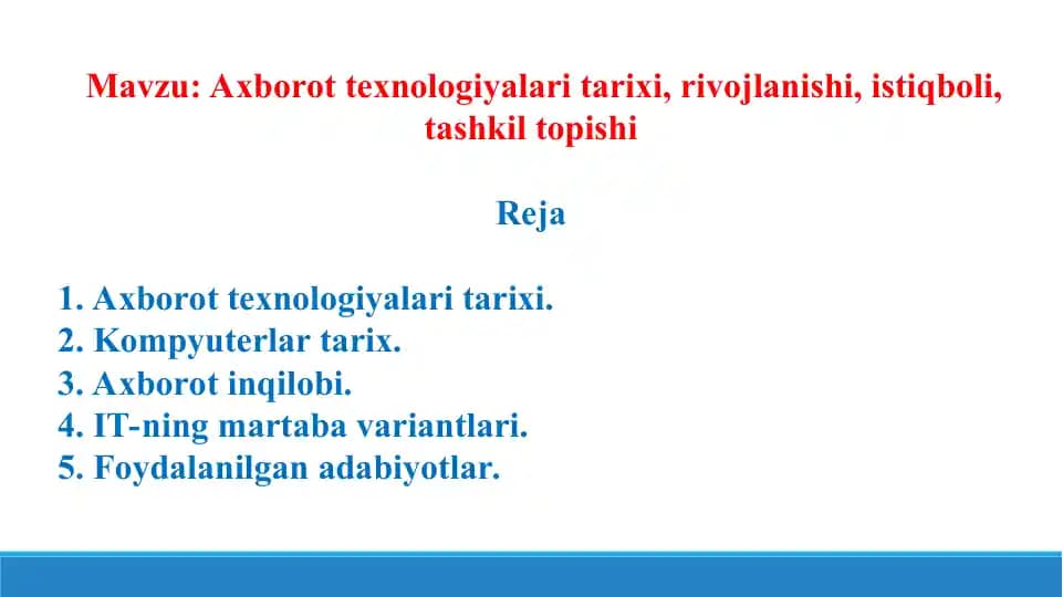 AT tarixi, rivojlanishi, istiqboli. Taqdimot 12 bet.