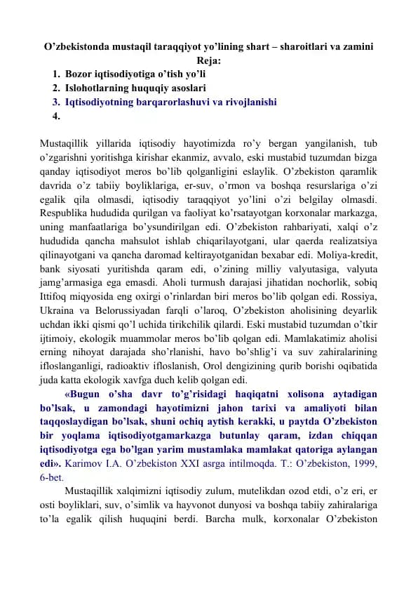 O’zbekistonda mustaqil taraqqiyot yo’lining shart – sharoitlari va zamini
