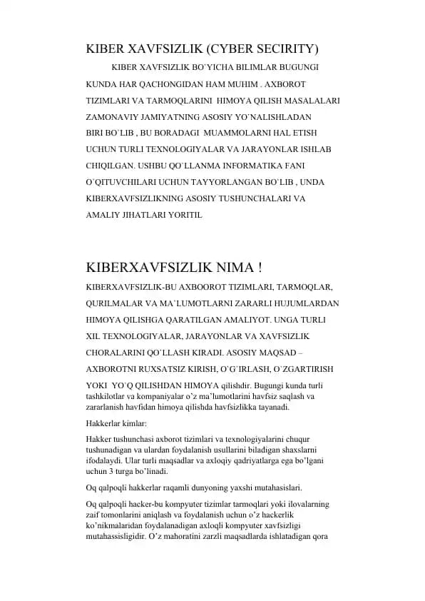 KIBER XAVFSIZLIK (CYBER SECURITY)