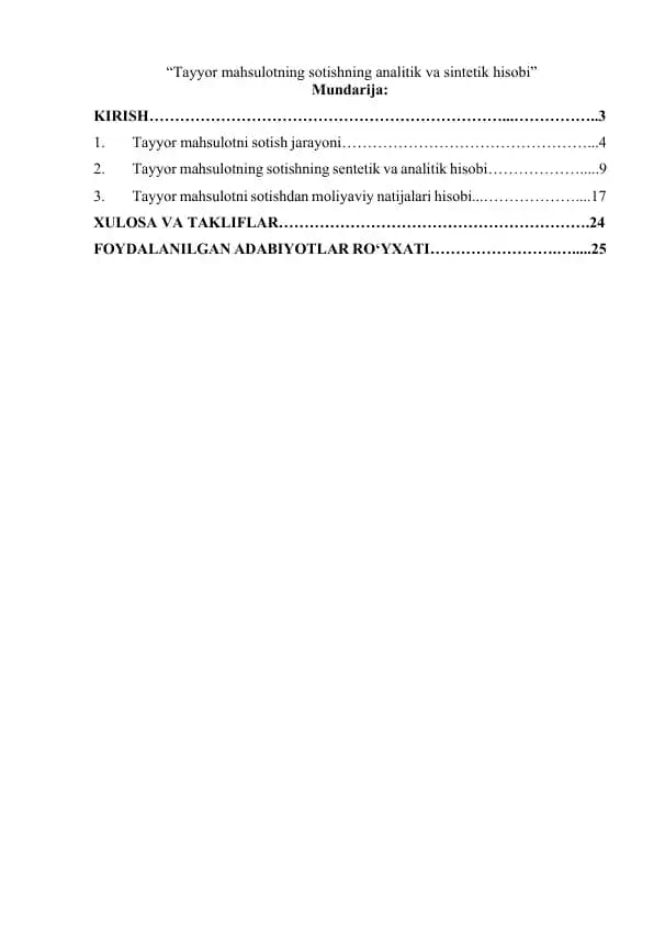Tayyor mahsulotning sotishning analitik va sintetik hisobi