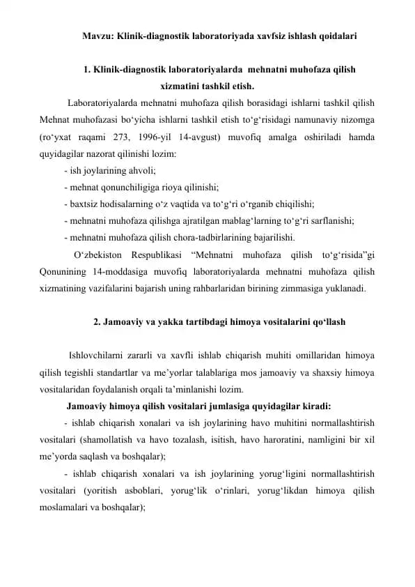 2. Klinik-diagnostik laboratoriyada xavfsiz ishlash qoidalari. Amaliy mashg'ulot 11 bet.