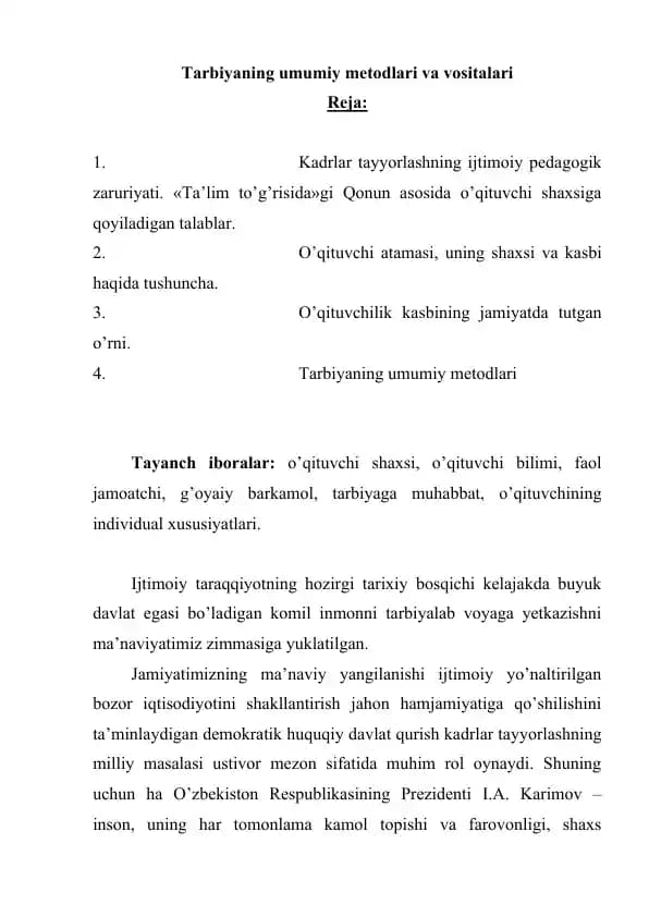 TARBIYANING UMUMIY METODLARI VA VOSITALARI