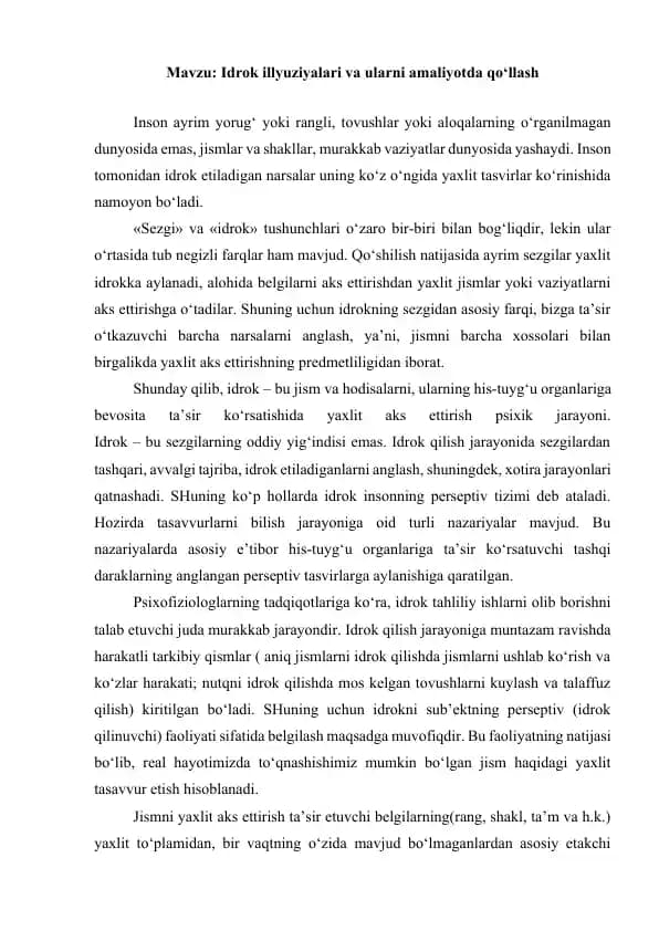 Idrok illyuziyalar va ularni amaliyotda qo‘llash