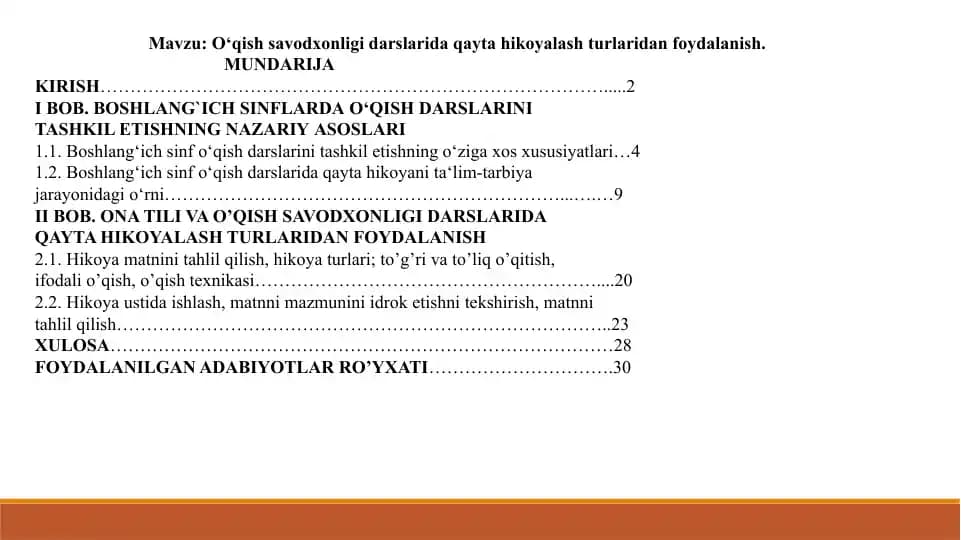 O‘qish savodxonligi darslarida qayta hikoyalash turlaridan foydalanish