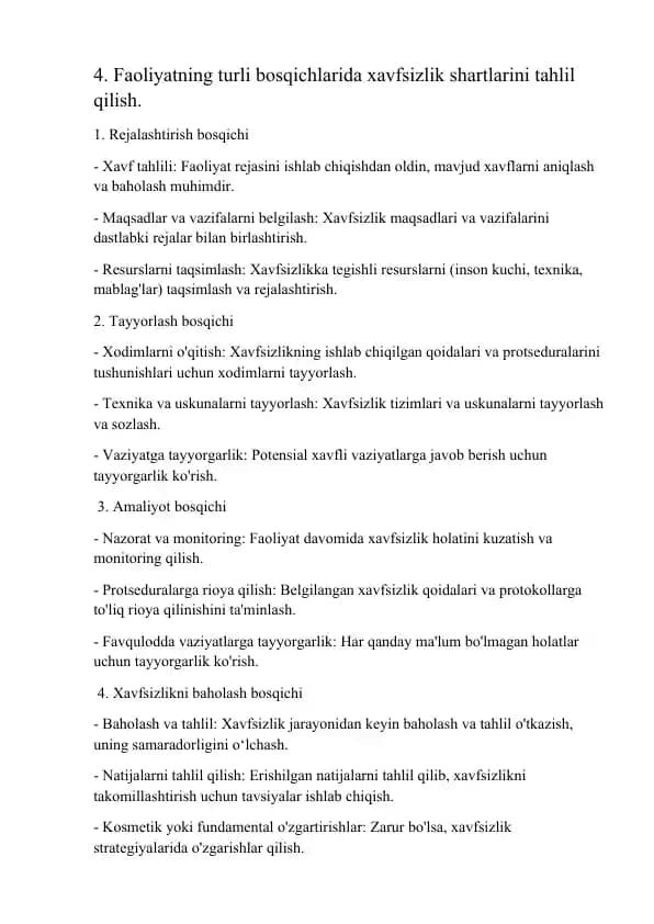 Faoliyatning xavfsizlik shartlarini tahlil qilish